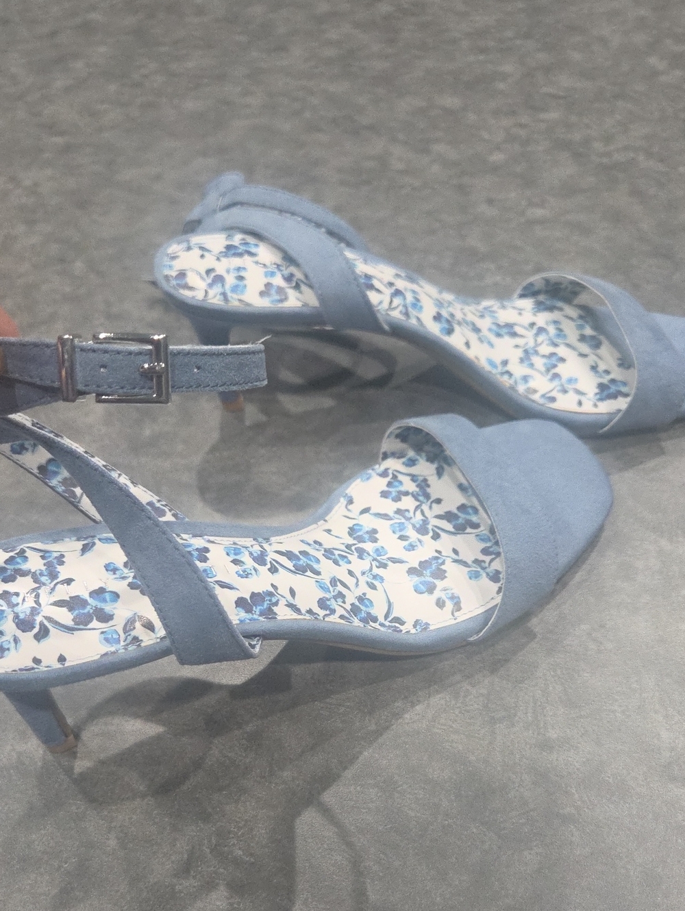 Kelly & Katie Light Blue Suede Strappy Kitten Heels with Floral Insole